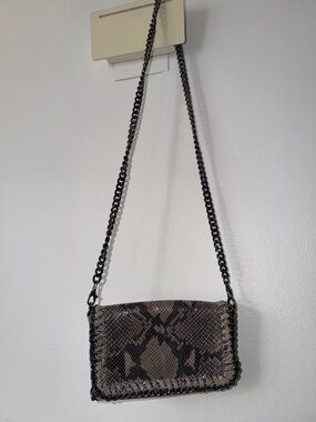 Snake-Print Crossbody Bag with Chain Strap - Black/Brown/Gray